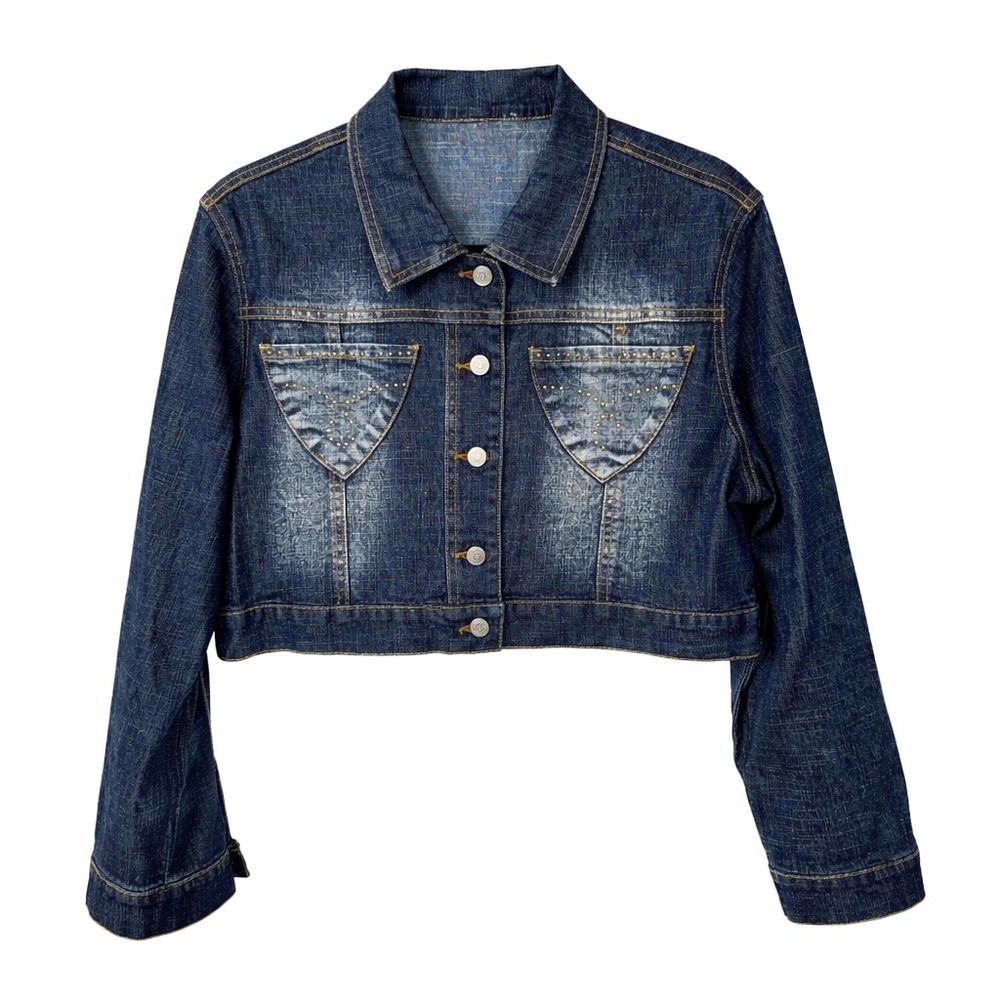 Y2K Goddess Jeans Women's Denim Jacket Size 16 Blue Cropped Studded Button Front